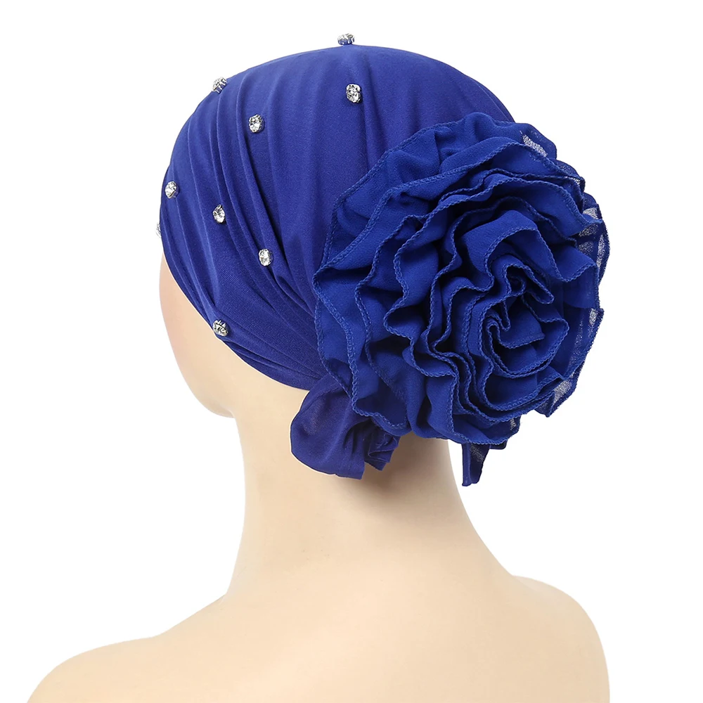 Big Flowers Women\'s Hijabs Turban Hat Muslim Headscarf Summer Rhinestone Chiffon Baotou Hat Head Wrap Comfortable Solid Color