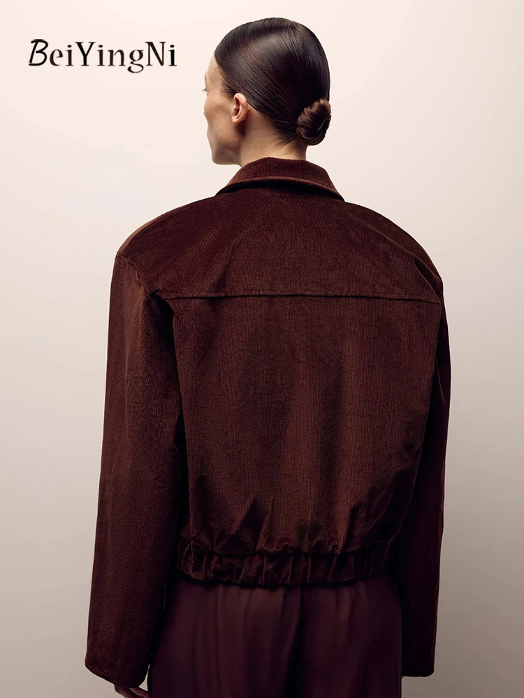 Beiyingni معاطف الخريف والشتاء للنساء خمر القهوة عادية BF أنثى سروال قصير سترة الشارع الشهير موضة الدافئة سستة أبلى