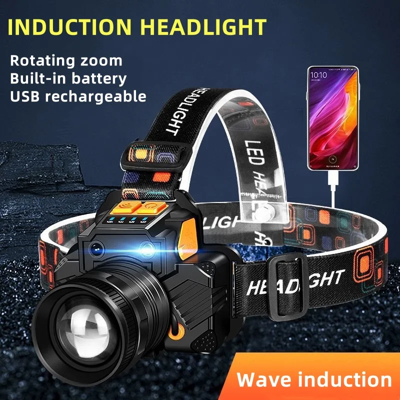 Super Bright LED Headlamp Fishing Headlight Portable Flashlight ZOOM Sensor Rechargeable Outdoor Waterproof Camping Hunting 20W