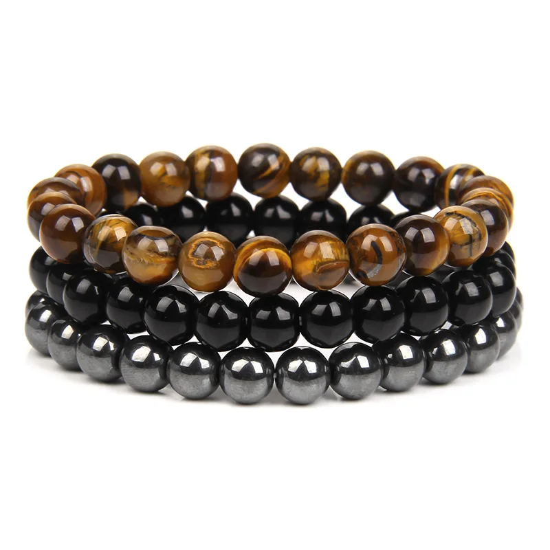 3 Teile/satz 8mm Naturstein Perlen Armband Set Rosa Zebra Rhodonit Mondstein Achate Hämatit Armbänder Für Frauen Männer schmuck – Detail 5