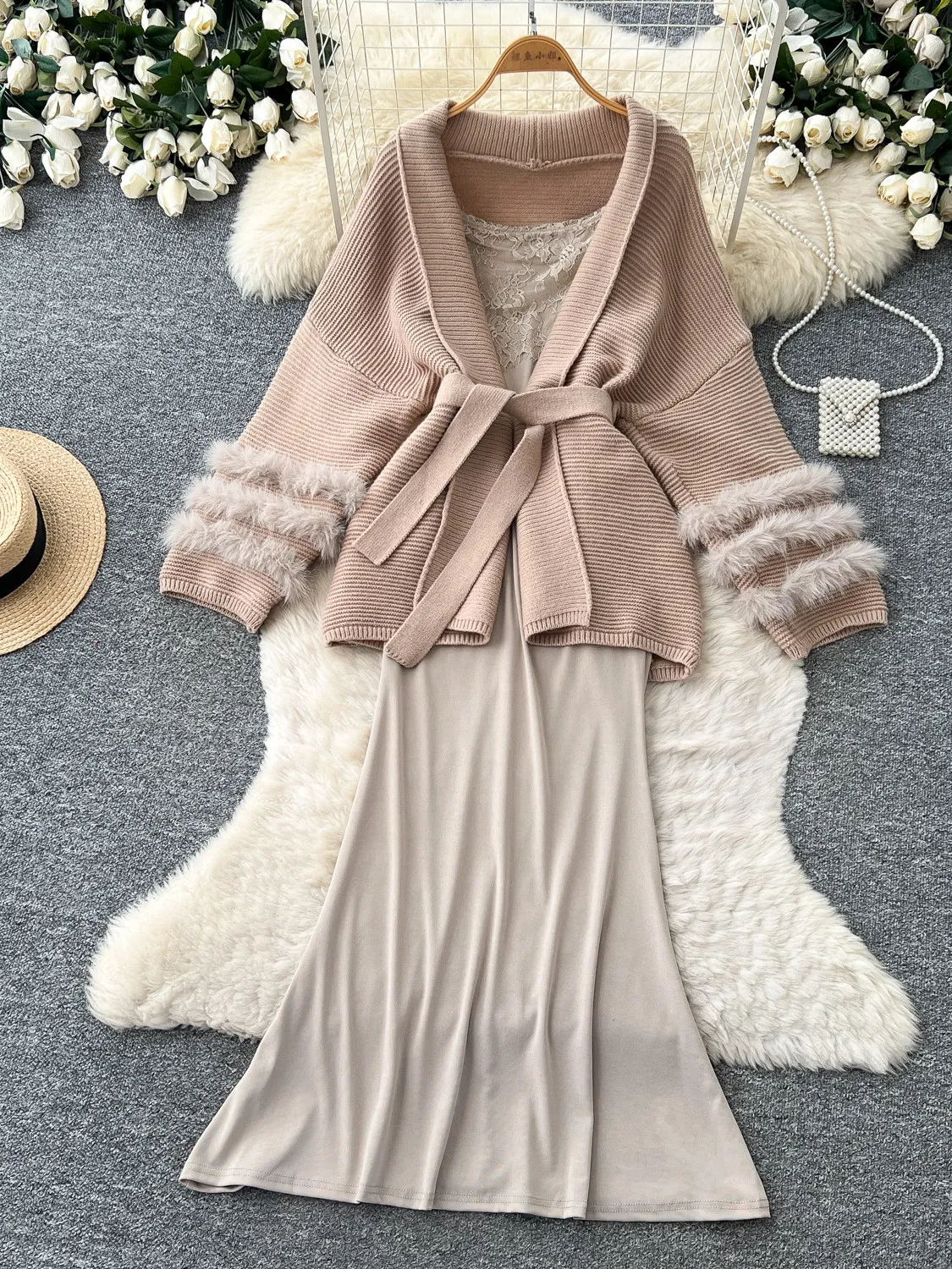 Socialite High-end Sense Women Dress Set Fur Patchwork Outer Wear Tie Waist Cinch Knit Cardigan Coat Lace Cami Dress Set Lady