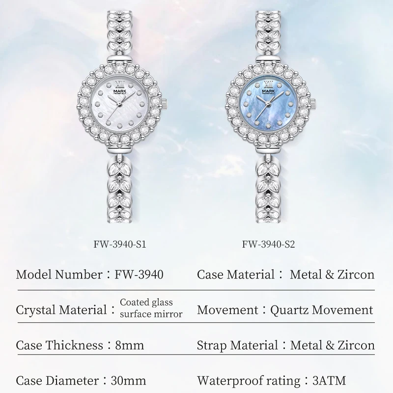 MARK FAIRWHALE Luxury Zircon Women's Watch MOP Dial Quartz 3ATM Waterproof Metal Bracelet Elegant Ladies Wristwatch