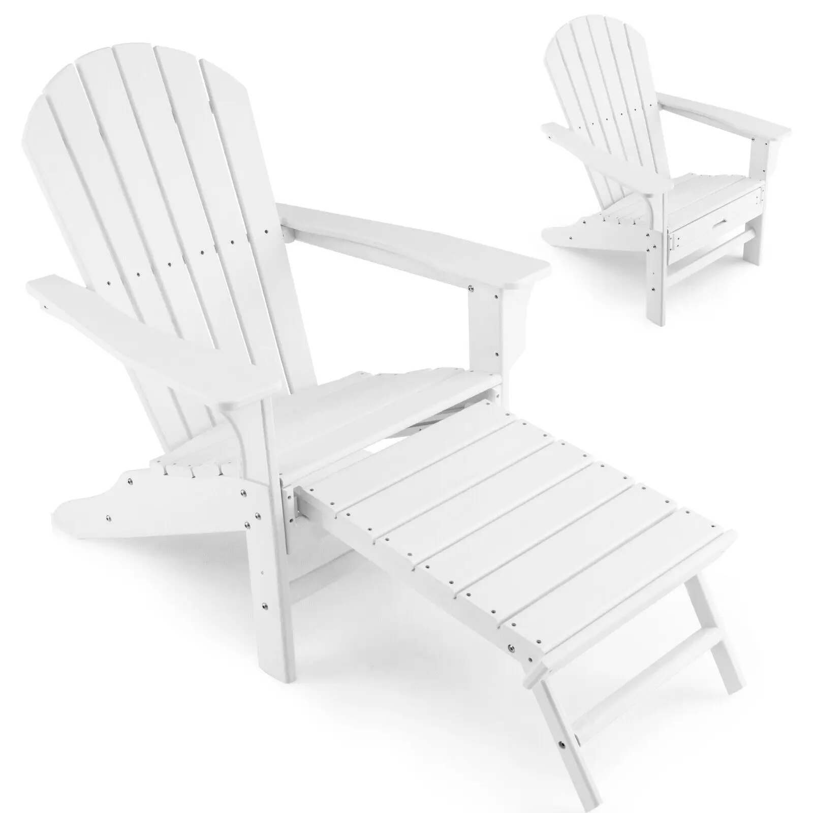 

Outdoor Patio HDPE Deck Adirondack Chair Beach Seat Retractable Ottoman White