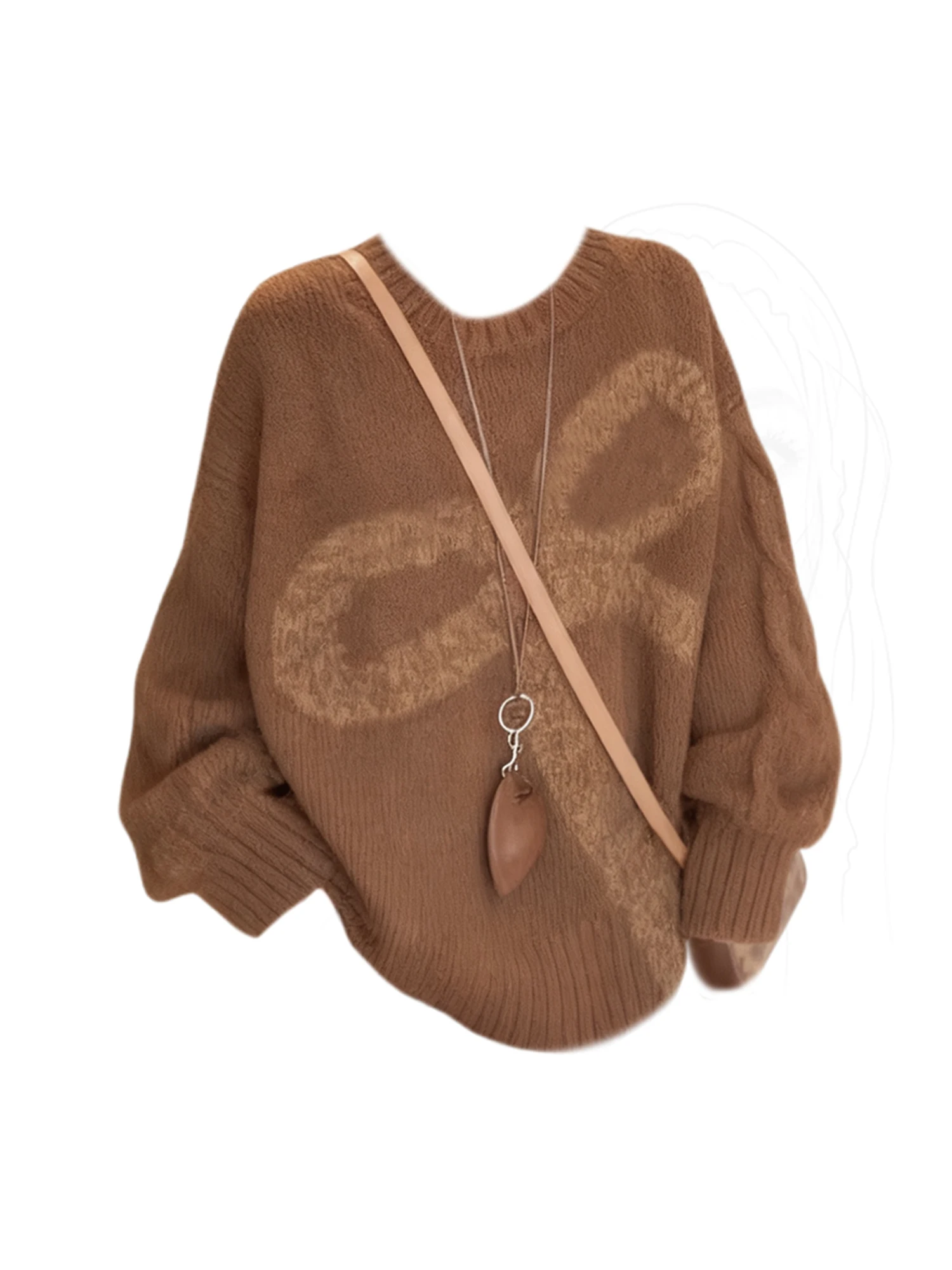 

Женский коричневый пуловер с бантом, корейский свитер, винтажный джемпер 2000-х годов Y2k, вязаный свитер оверсайз с длинными рукавами и круглым вырезом, весна-осень 2025