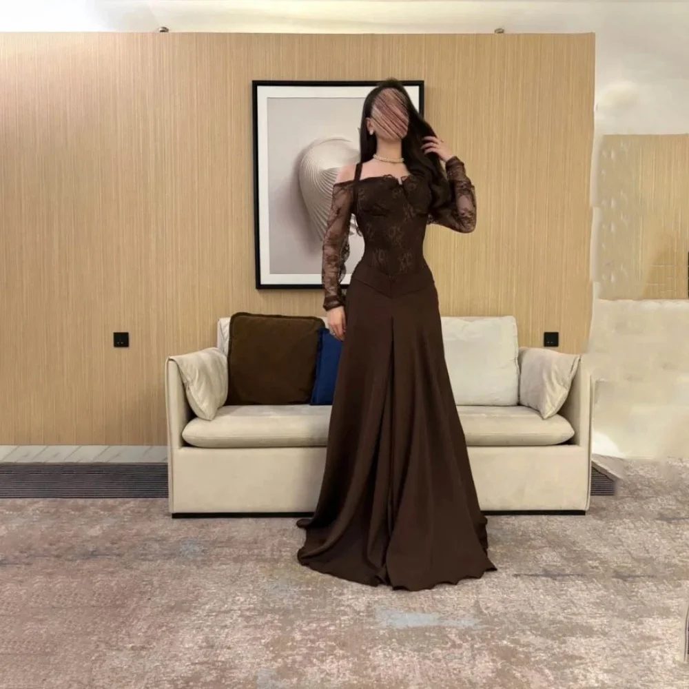 

Customized Square Neck Evening Dress Gorgeous Long Sleeve Prom Dress Ruched Formal Occasion Lace Applique Party Gown Robe Soiree