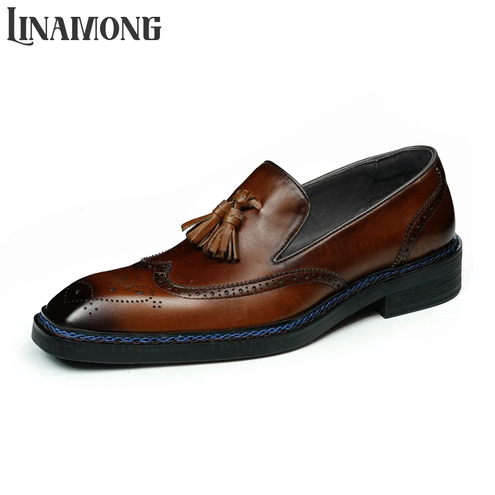 Vintage Carved Leather Loafers Tassel Stitching Handmade Geninue Leather Shoes Elegant Style Polished Business Men's Dress Shoes