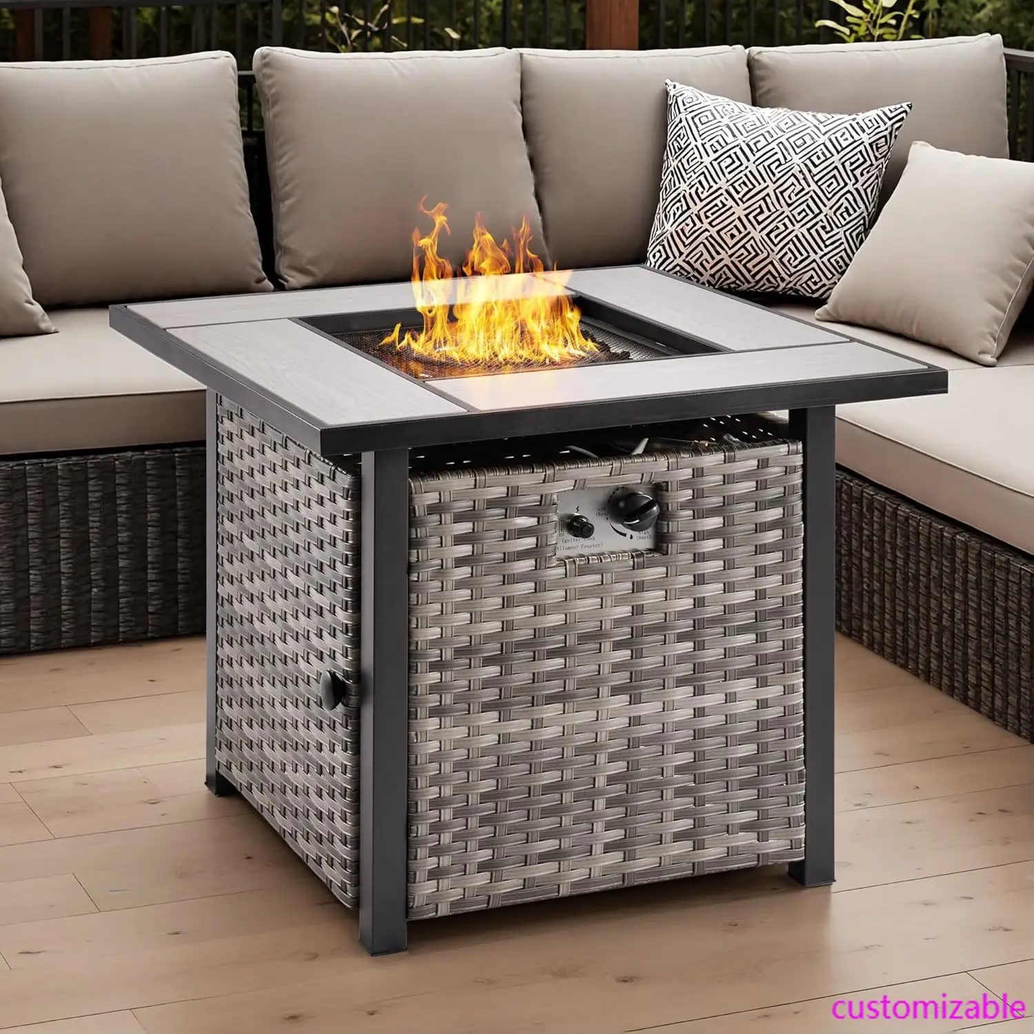 

30 Inch Outdoor Patio Fire Pit Table, 50,000 BTU Heater PE Rattan Propane Firepits with Ceramic Tabletop, Waterproof Cover, Grey