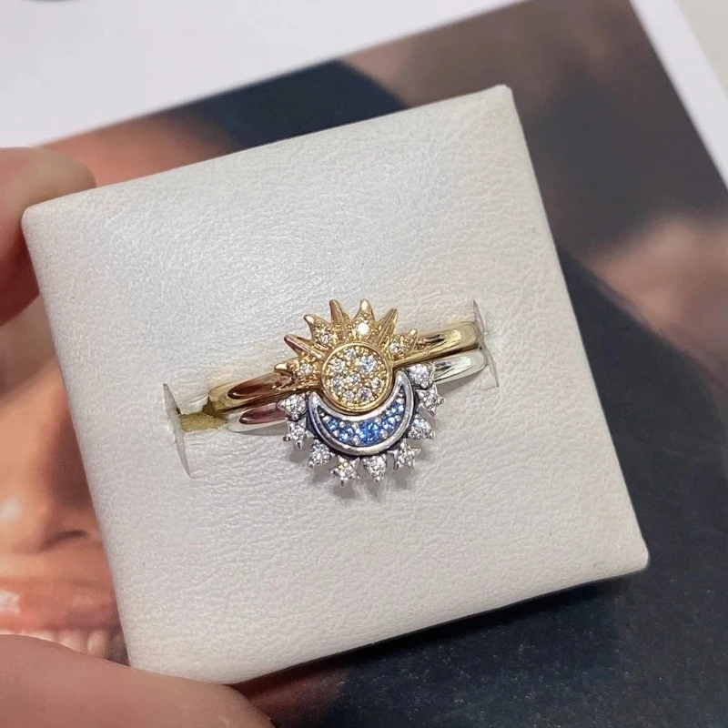 Creative Couple Stacked Diamond Ring Sterling Silver Blue Moon Rising Sun Star Matching Niche Design Sense Overlay Ring Lovers