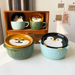 Creative Ceramic Bowls Cartoon Cat Dog Ceramic Noodle Bowls with Lids Cute Animal Soup Salad Fruit Bowl Box Decorative Tableware