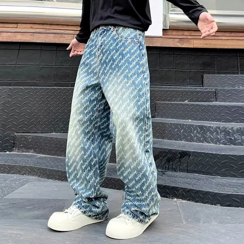 

Осенняя коллекция, дизайнерские чувственные джинсы с буквенным принтом, женские утягивающие брюки свободного кроя с высокой талией в стиле Харадзюку, прямые брюки