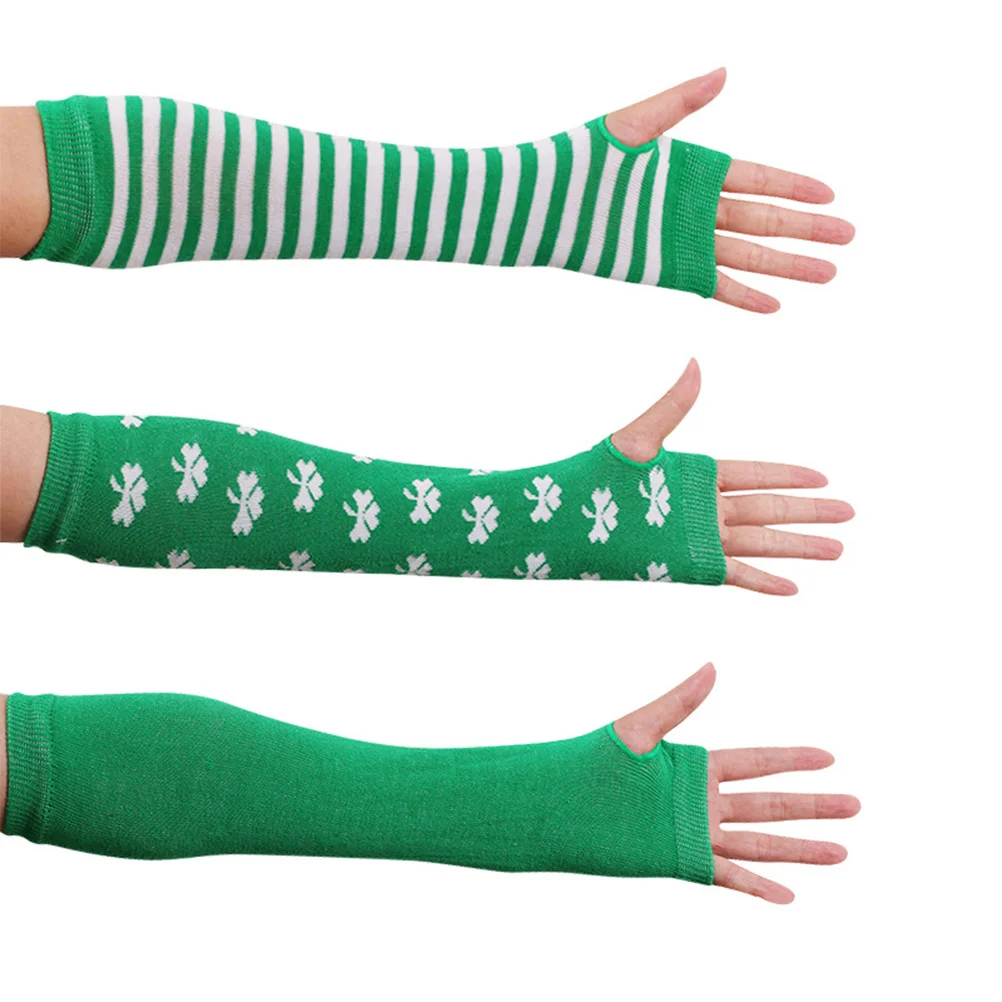 

3Pair Green Long Gloves Elastic Stretch One Size Fits Most Classic Pattern Stpatricks Day Festival Party Accessories