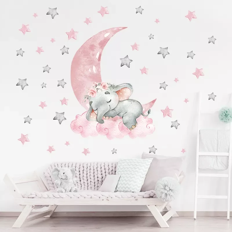 

Cartoon Pink Baby Elephant Wall Stickers Hot Air Balloon Wall Decals Baby Nursery Decorative Stickers Moon and Stars for Girl