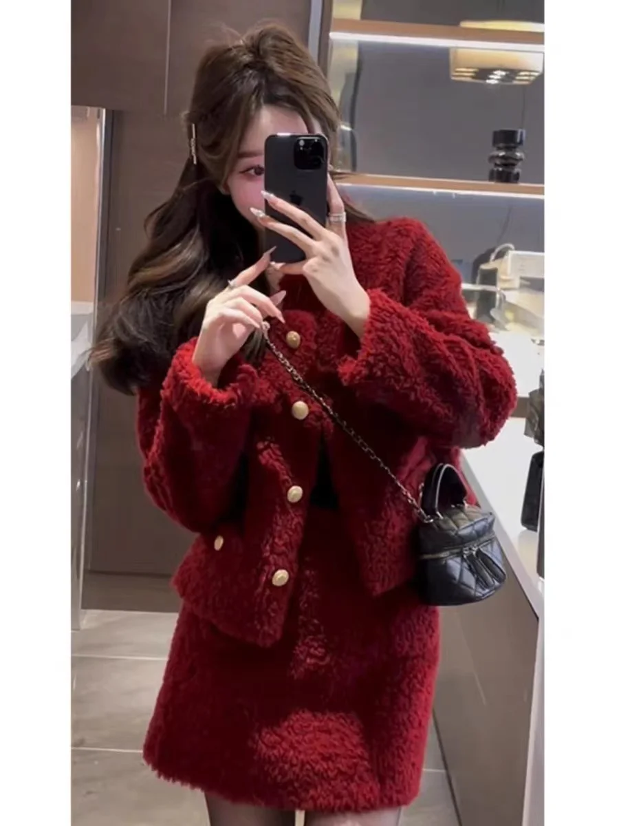 UNXX New Year Red Tweed-style Dress Set for Women, Winter 2023 New Trendy Autumn/winter Socialite Skirt Two-piece Set Fashion