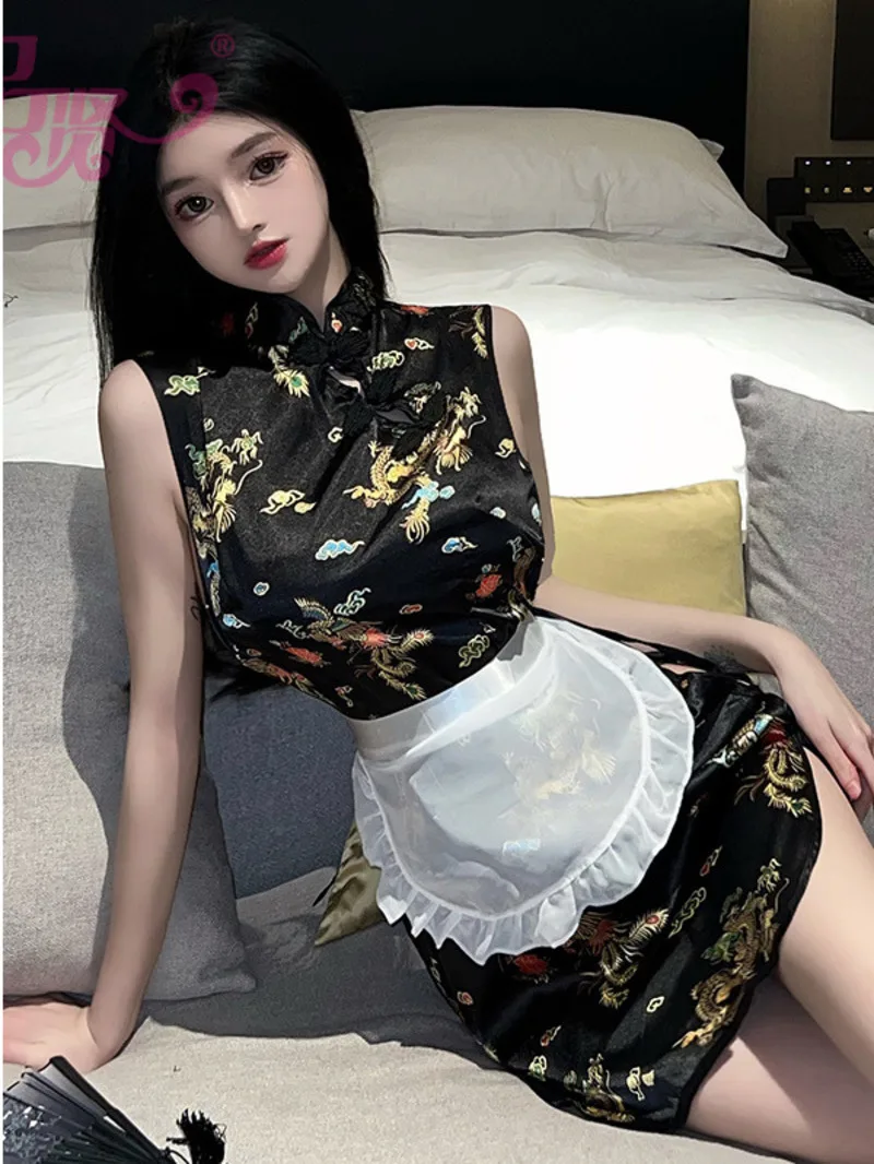 

Платье с коротким рукавом, мини-горничная, женская униформа в китайском стиле, древнее сексуальное платье Cheongsam, элегантные топы с вышивкой дракона JRE7