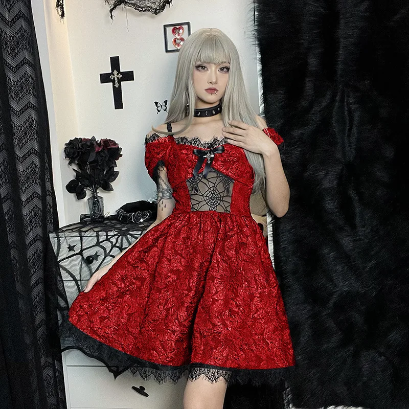 Dark Gothic Punk Lace Short Dress Women Cobweb Patchwork Short Sleeve Cold Shoulder Halloween Outfit
