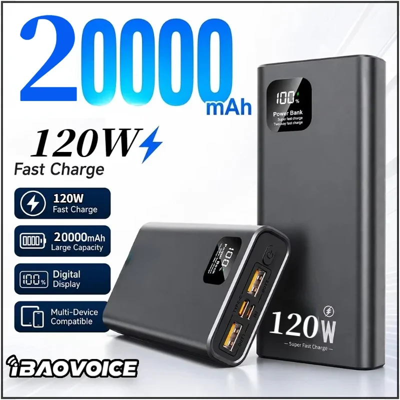 IBAOVOICE Powerbank 20000mAh 120W Superschnelles Laden Große Kapazität LED-Digitalanzeige Tragbare Externe Batterie Für Alle Modelle