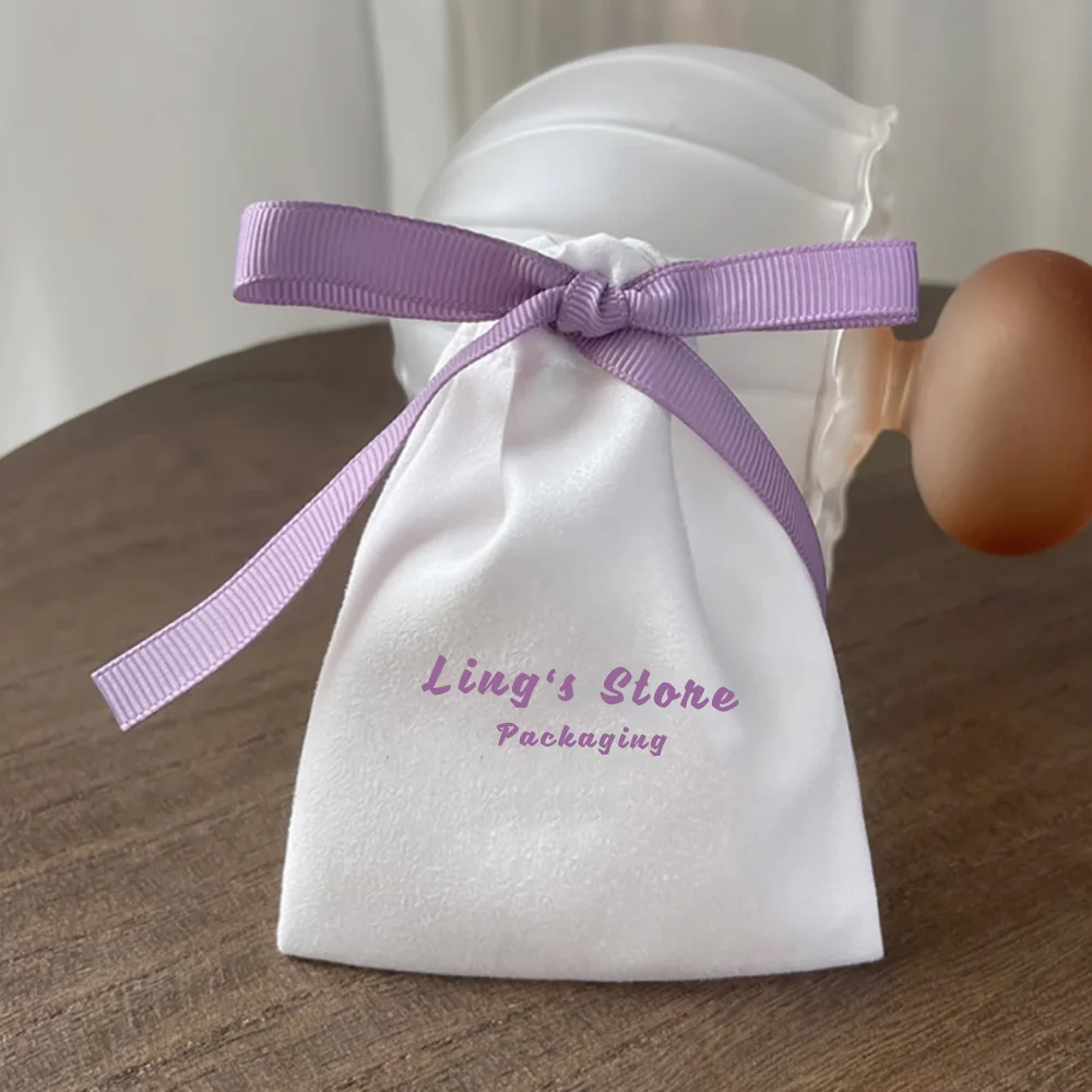 100Pcs Cute Custom Logo Jewelry Flannel Gift Bag Velvet Suede Ribbon Drawstring Pouch For Ring Earrings Stud Organizer Packaging