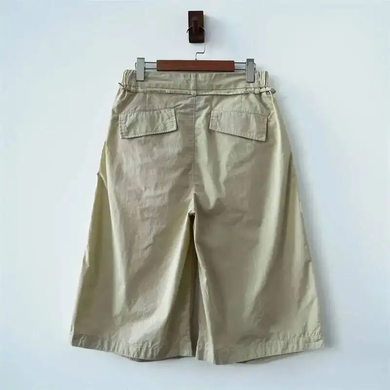 American Style Men's Shorts Loose Versatile Drawstring Belt Pleated Design Summer Trendy Wide Leg Knee Length Pants GV7U