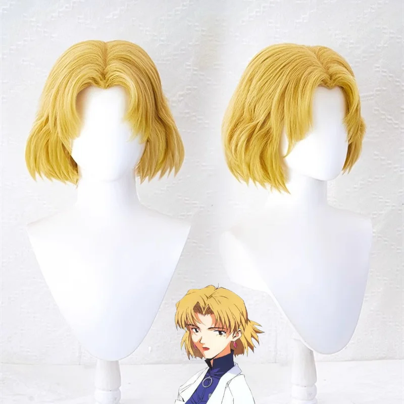 JP Anime EVA Akagi Ritsuko Cosplay Costume Hair Headwear Short Gold Comic Wig