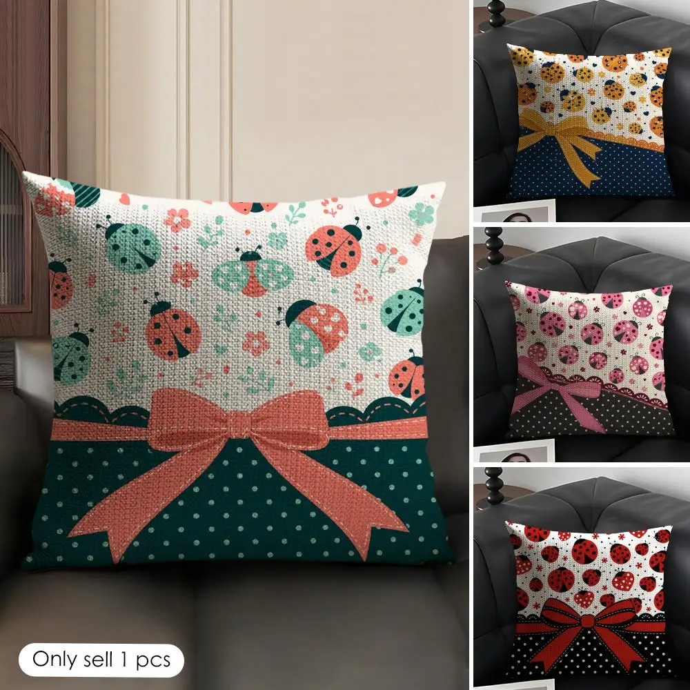 Ladybugs Love Hearts Cushion Cover Linen Organic Fabric Double-Sided Printing Sofa Breathable Home Decor Gift Pillow Case