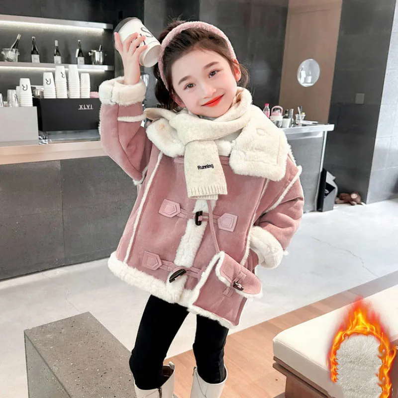 Winter Children Girls Suede Jackets Cotton Spliced Toddler Kids Girls Fleece Outerwear Coat Thicken Warm Infant Babys Girl Parka