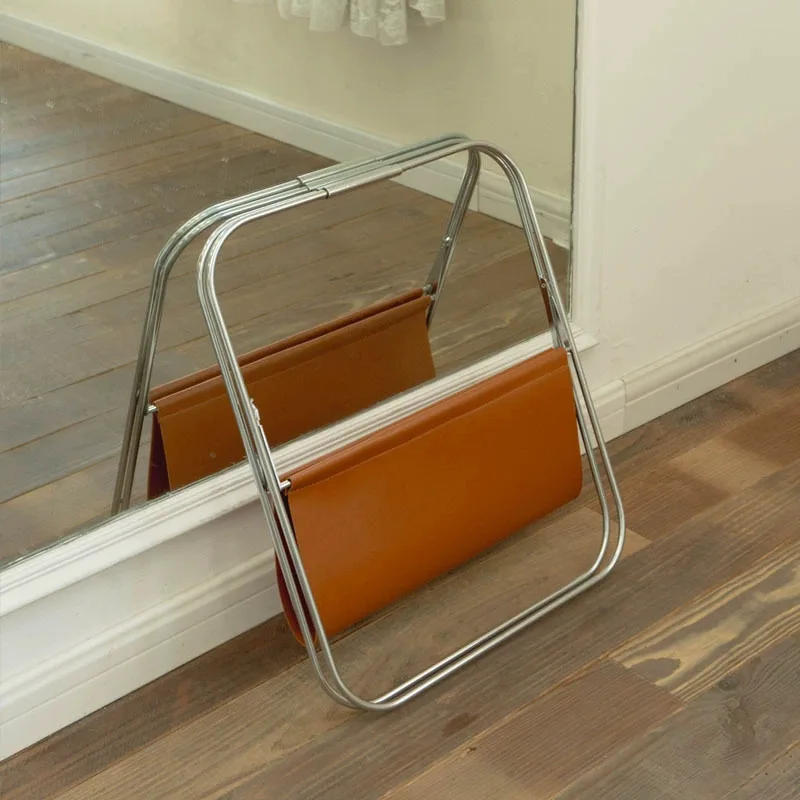 Vintage Stainless Steel Leather Magazine Rack Folding Book and Newspaper Rack Storage Rack Newspaper Storage Floor Book