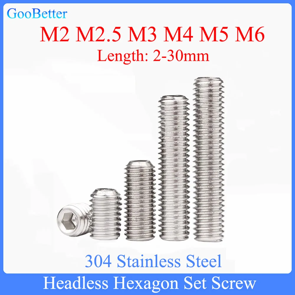 10/20Pcs Allen Set Screw M2 M2.5 M3 M4 M5 M6 304 Stainless Steel Hex Hexagon Socket Cup Point Headless Screw Bolts Length=2-30mm