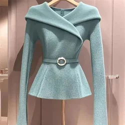 (with belt) 2024 New Style Receive Waist Women's Sweater Coat Unique Sweater Advanced Design Chic Sweater Pullover Sweater