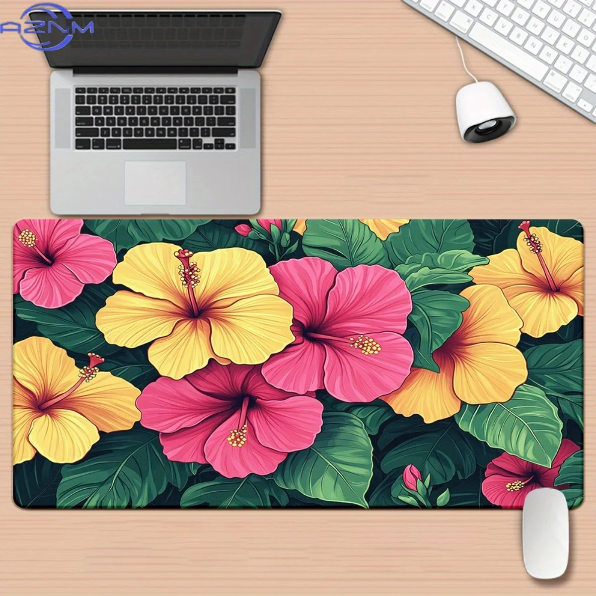 One Extra-Large XXL Mouse Pad And Desk Mat Featuring a Non-Slip Rubber Base, Adorned with Tropical Floral Designs Including Pink