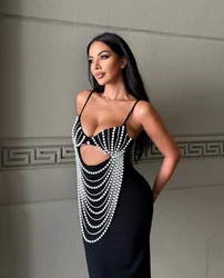 Sexy  Pearls Chain Hollow Out Club Bandage Dress Spaghettti Strap Sleeveless  Midi Celebrity Evening Club Bodycon Knitting Dress