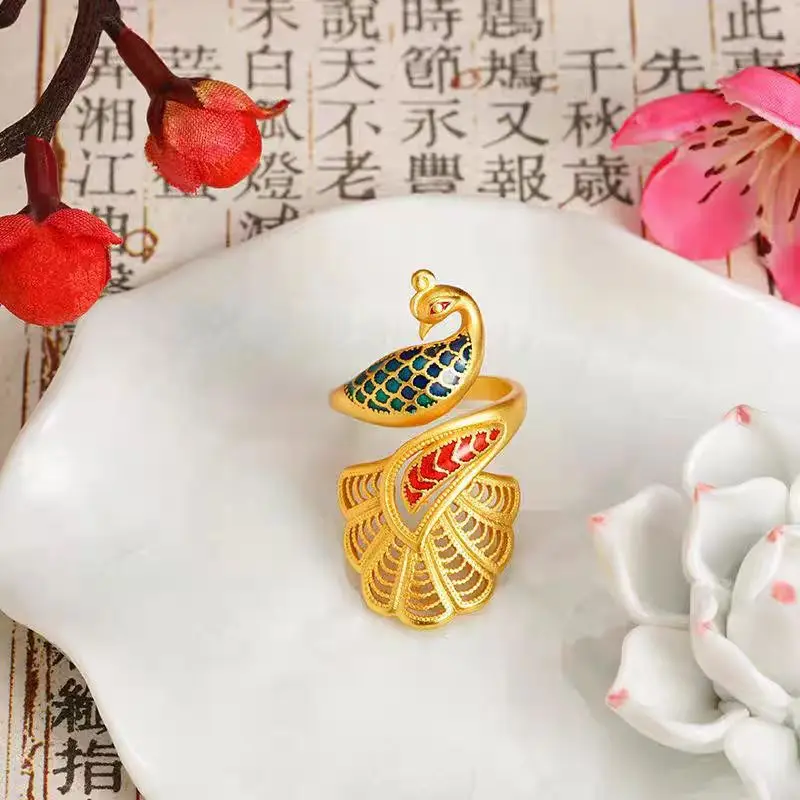 Women's 24K Gold (AU999) Imperial Enamel Phoenix Ring | Micro-diamond enamel phoenix, matte brocade with totem