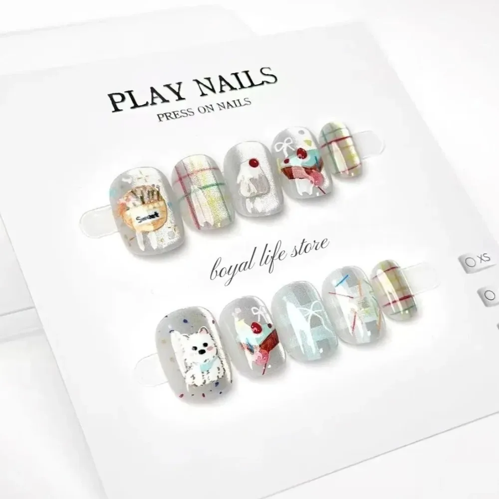 

10pcs Cotton Maltese Cat Eye Fake nails Nail tips Press on nails Soft gel tips nail Short nail False nails