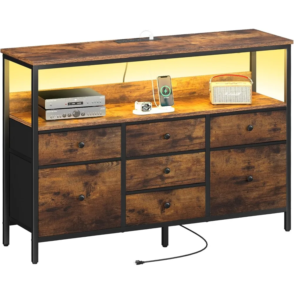 

LED TV Stand for Bedroom, 50 Inch Kids Dresser With Power Outlets, 7 Drawers Entertainment Center With Storage Shelf, Living Ro
