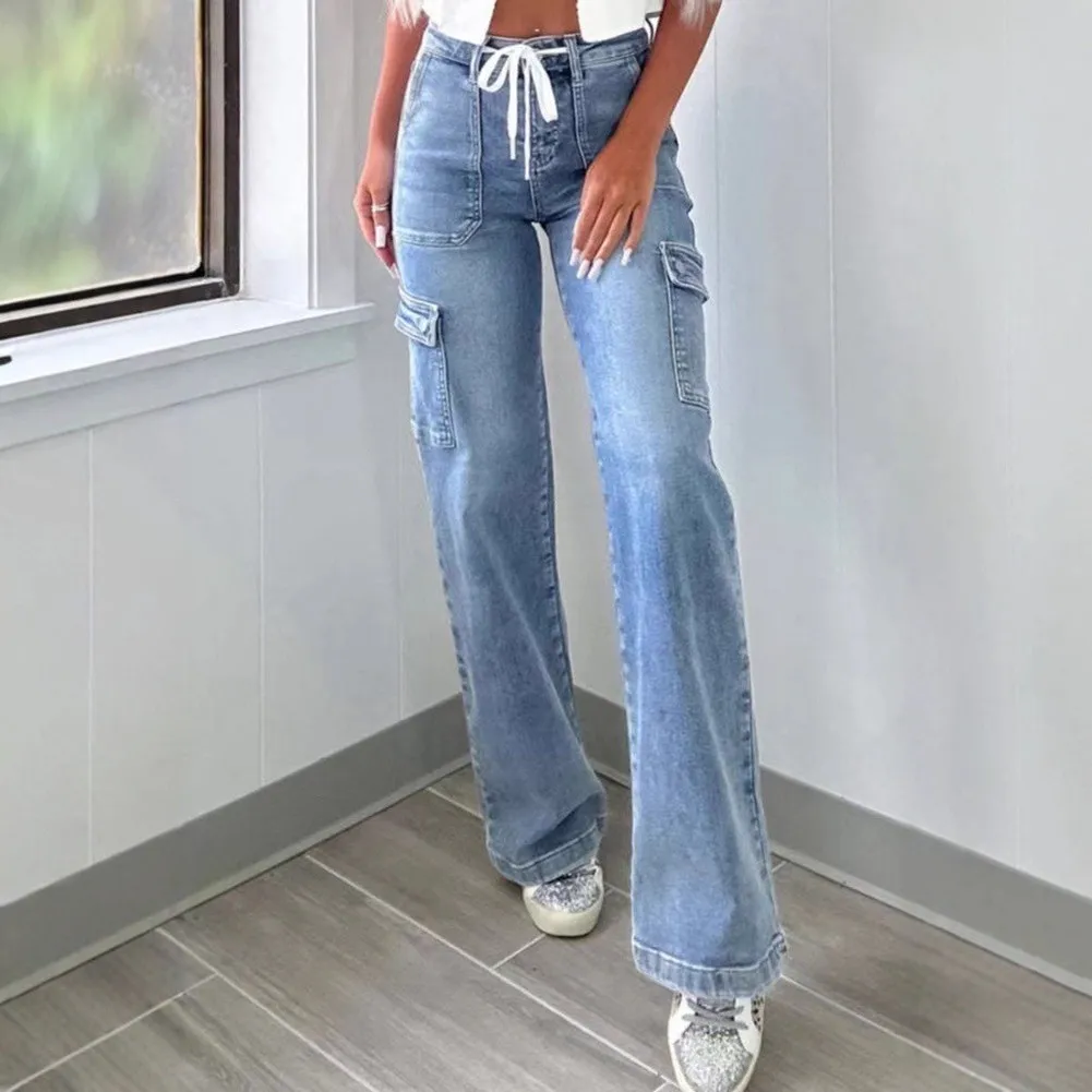 Womens Washed Finish Cargo Pants with High Waist Drawstring Wide Leg Design and Multiple Pockets for Yoga Beach and Holiday Use