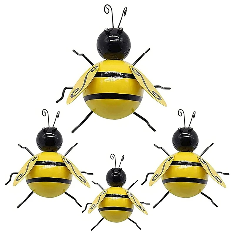 Outdoor Garden Fence Decor 3D Bumble Bee Wall Art Decoration Bee Wall Art Sculpture Hanging, 4 Pcs