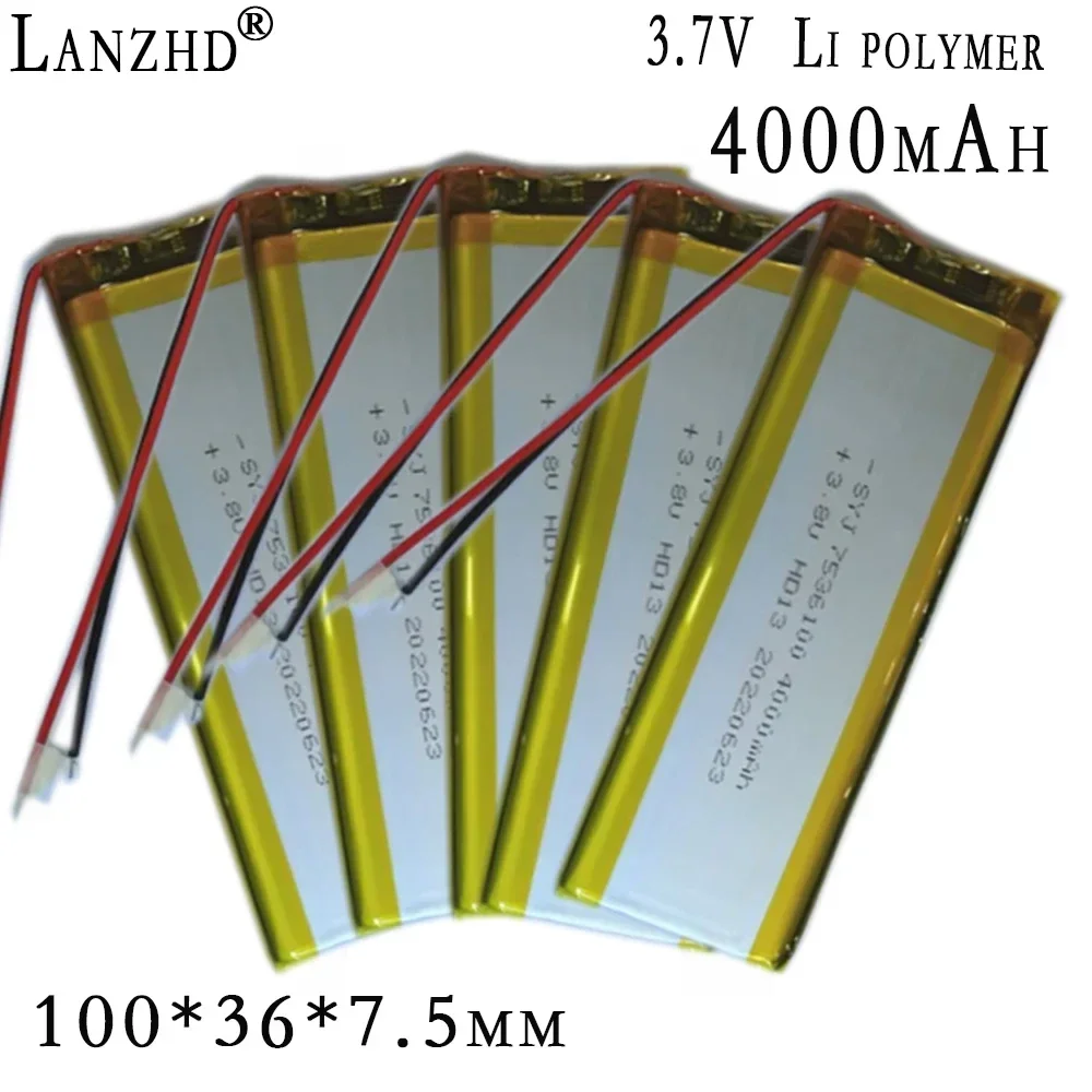 Bateria de Lítio Recarregável LiPo 3.7V 4000mAh, Polímero 7536100 Li, Banco de Carga, Lâmpada LED, Produtos Médicos, Tablet, PC, 1-10Pcs