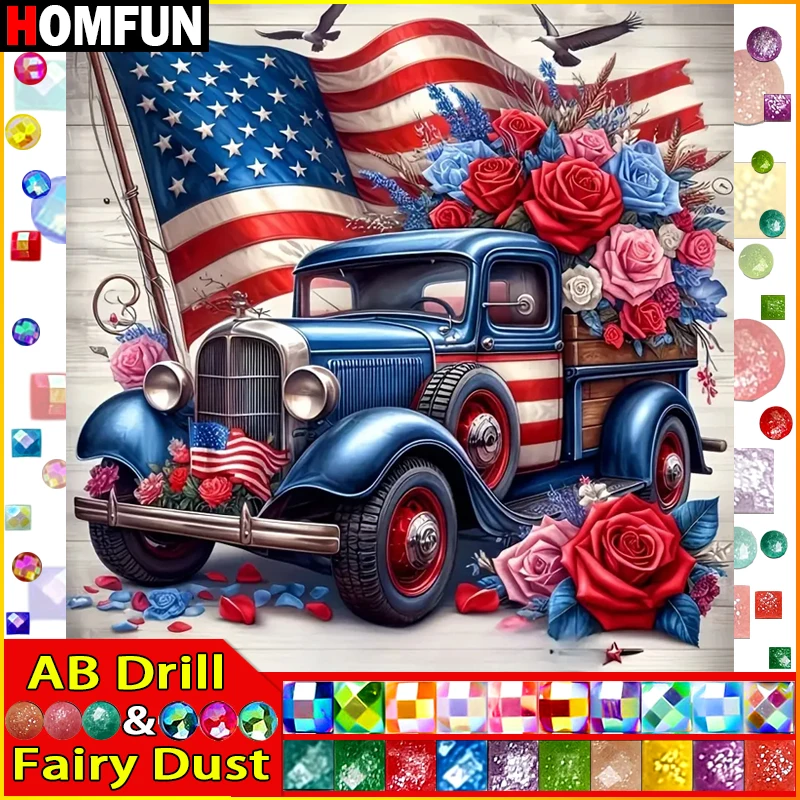 

HOMFUN Fairy Dust AB Full Drill Diamond Painting "Scenery Car Flower" DIY Picture Of Rhinestone 5D Diamond Embroidery Decor