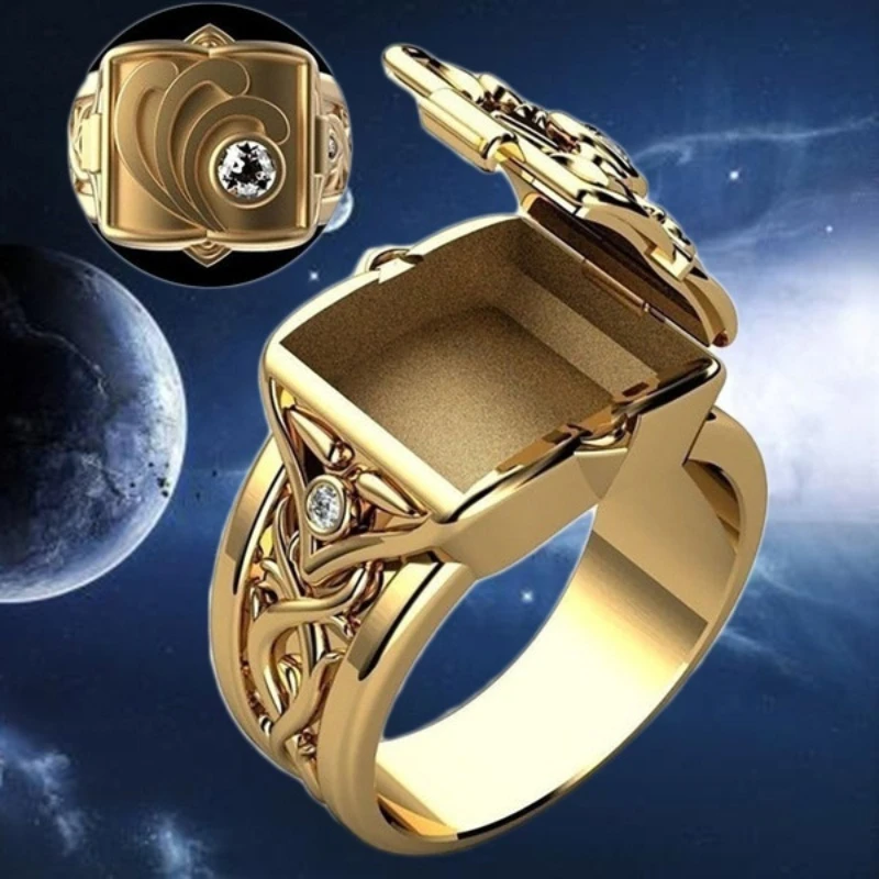 Unique Creative Style Domineering Arabesque Flip-top Locket Ring Secret Small Room Lid Ring for Men Women Party Jewelry