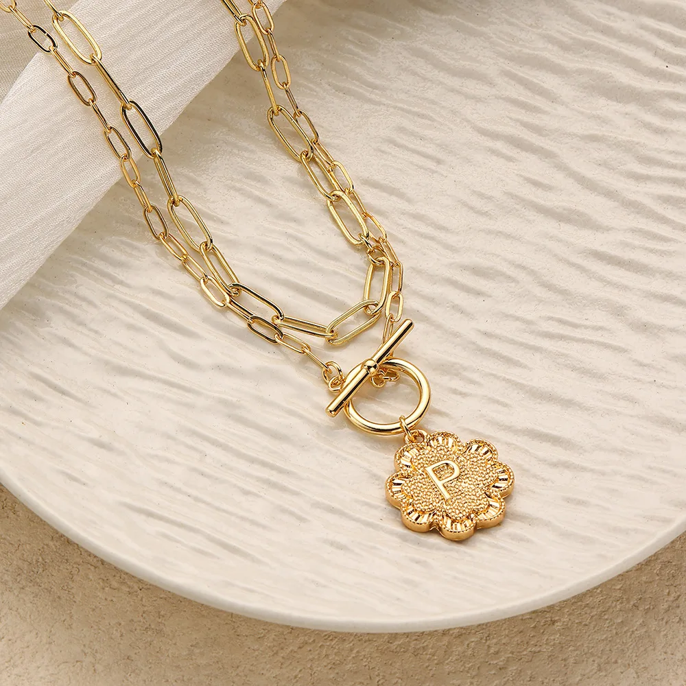 Custom Initial Necklace Women Gold Filled Textured Flower Pendant A-Z Alphabet Toggle Clasp Chain Jewelry