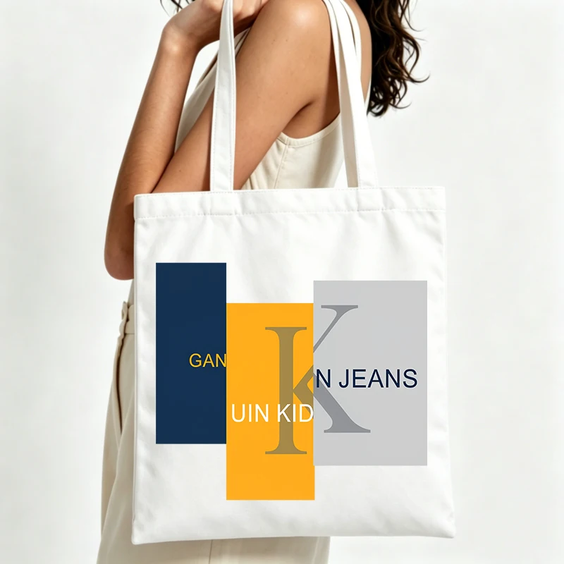 geometric letter print canvas tote bag with minimalist design, ideal for daily shopping and casual outings