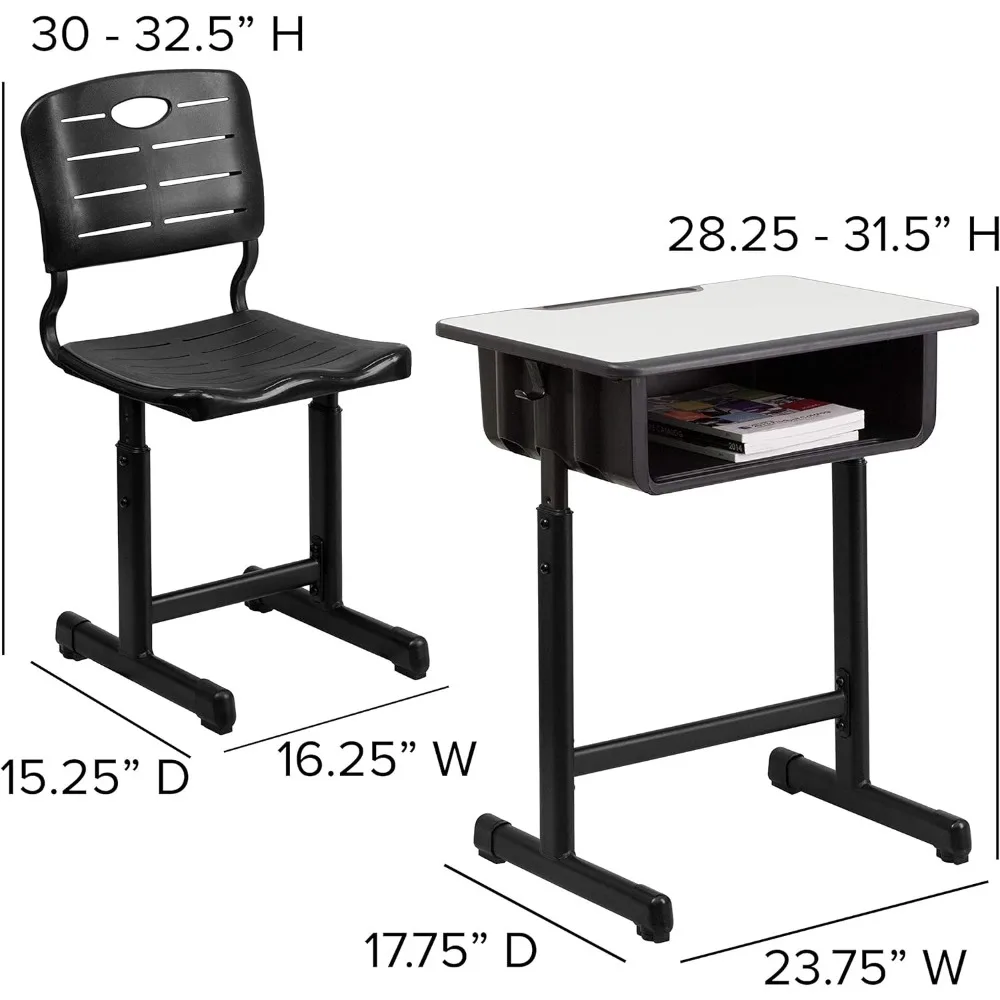 Adjustable Height Student Desk and Chair Set for Classrooms or Remote Learning, School Desk with Chair and Book Box, Gray/Black