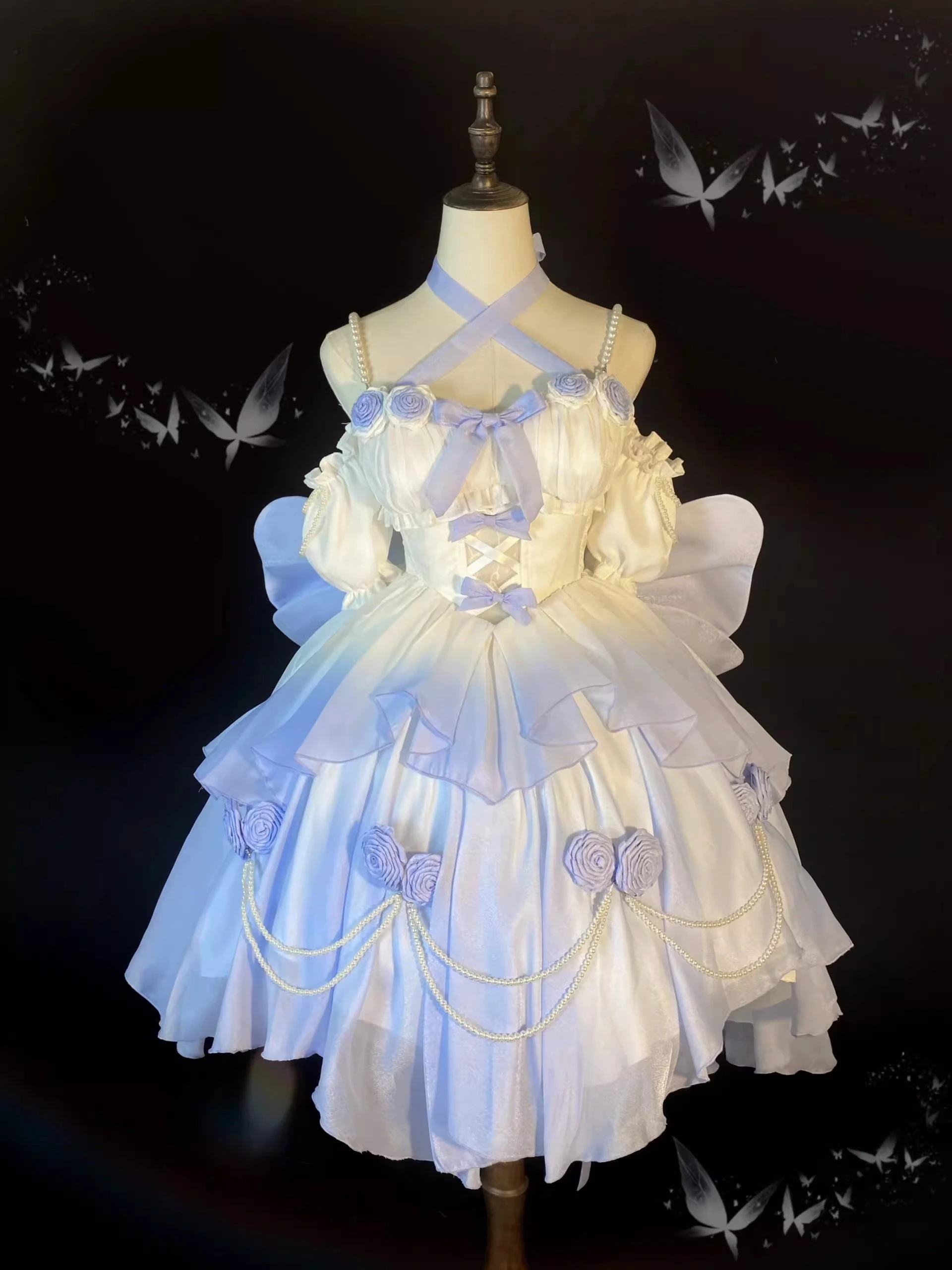 

Изысканное сверкающее платье Luo Pengpeng для тяжелой промышленности Jsk, градиентное синее светлое цветочное свадебное платье с вырезом спереди, короткая спина, длинная Лолита