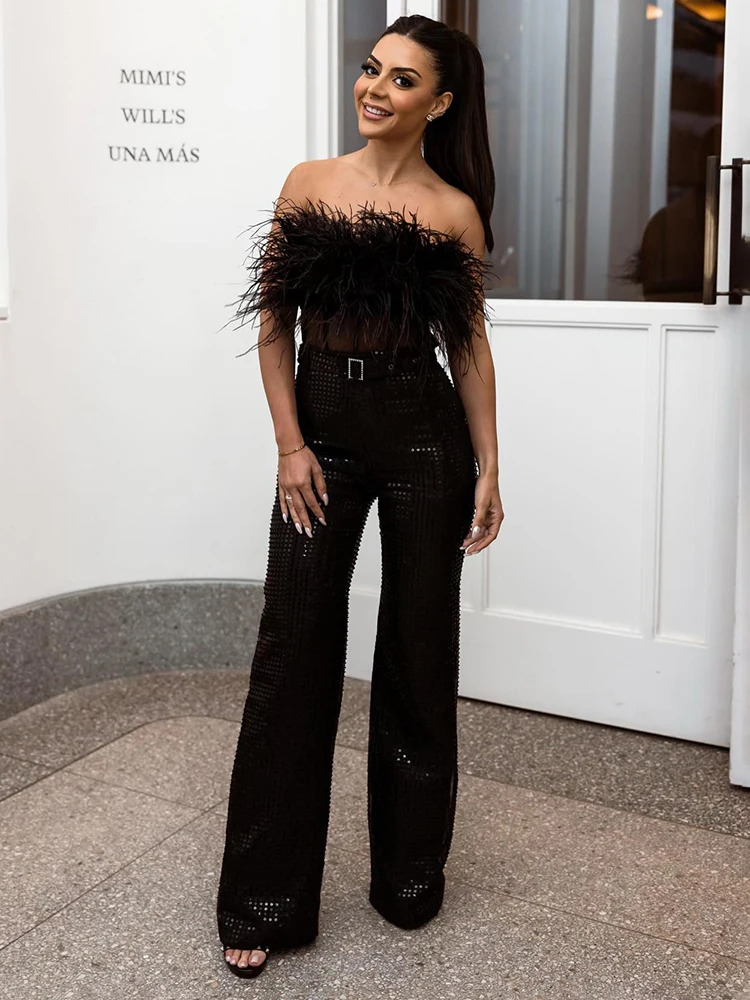 PB 2024 Exquisite Woman Black Feathered Sequins Straight Jumpsuit Waist Belted Sheer Mech Bodice Design for Women's Casual Wear