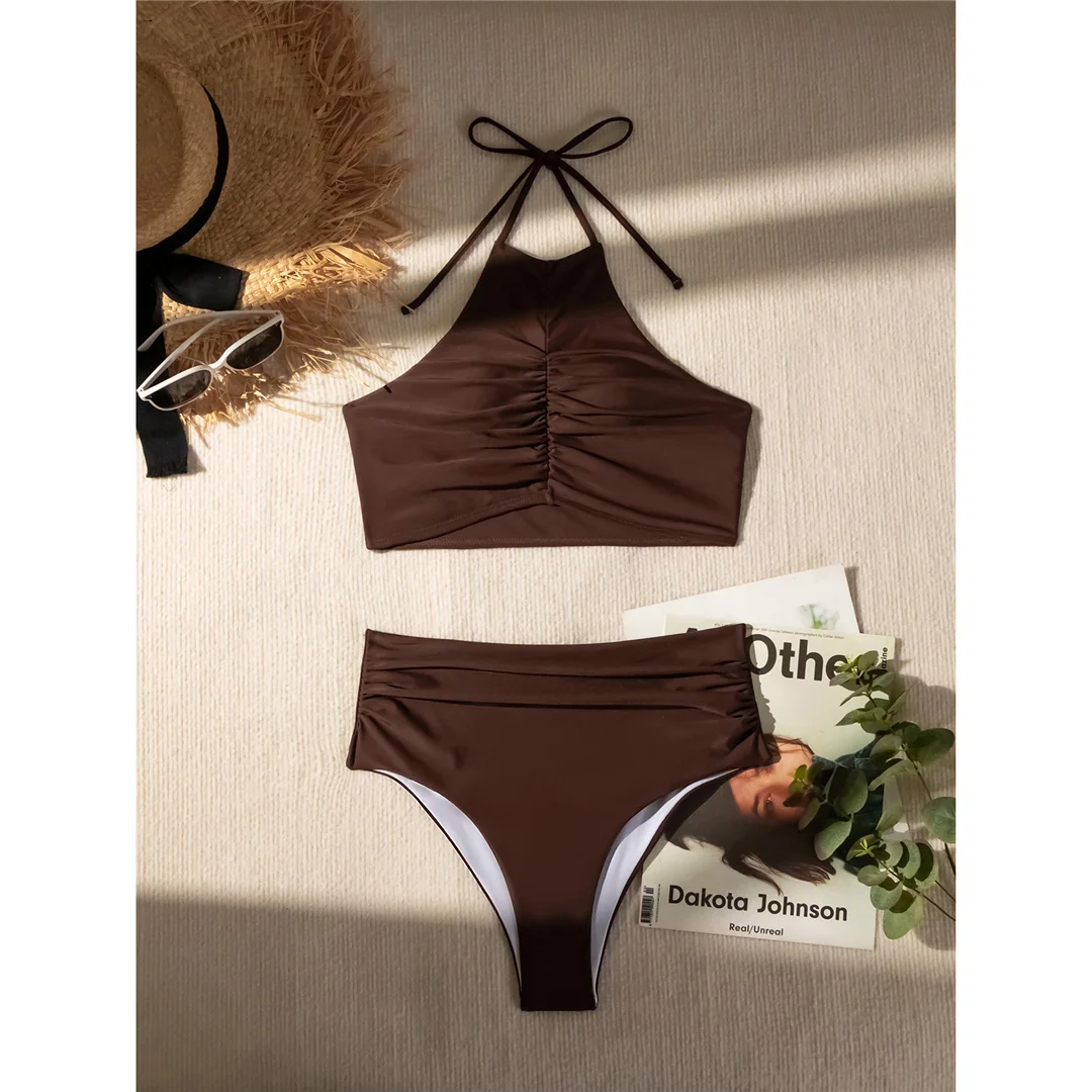 Halter Neckholder-Bikini mit Falten, hoher Halsausschnitt, Damen-Badeanzug, Bikini mit hoher Taille, zweiteiliges Bikini-Set, Badebekleidung, Badeanzug, Modell V5616 – Detail 12