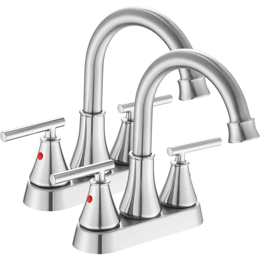 

Набор из 2 современных 4 бессвинцовых смесителей для раковины в ванной комнате с 2 ручками и центральной установкой из матового никеля с выдвижным сливом и шлангами