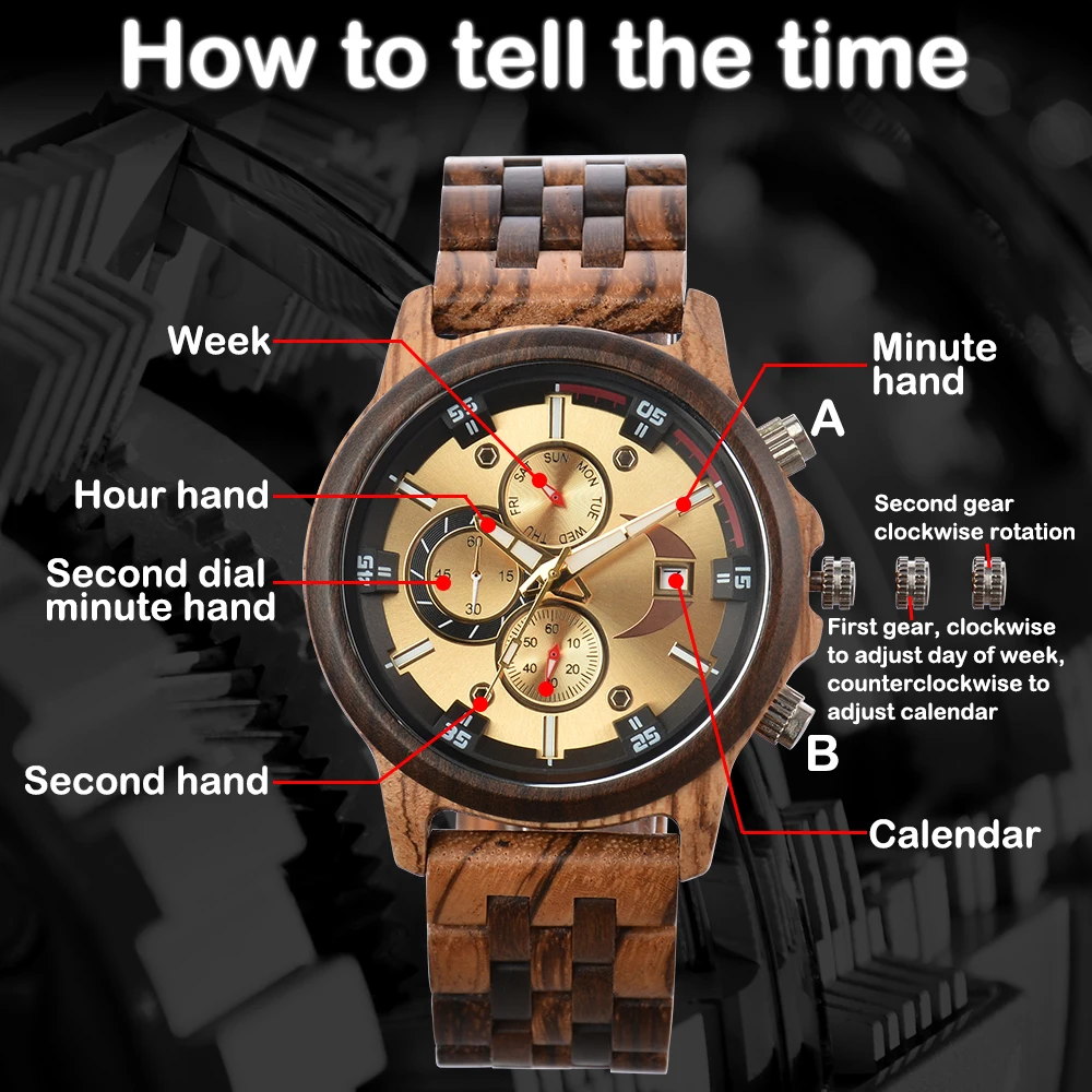 Reloj de madera de lujo para hombre, cronógrafo de pulsera de cuarzo, deportivo, a la moda