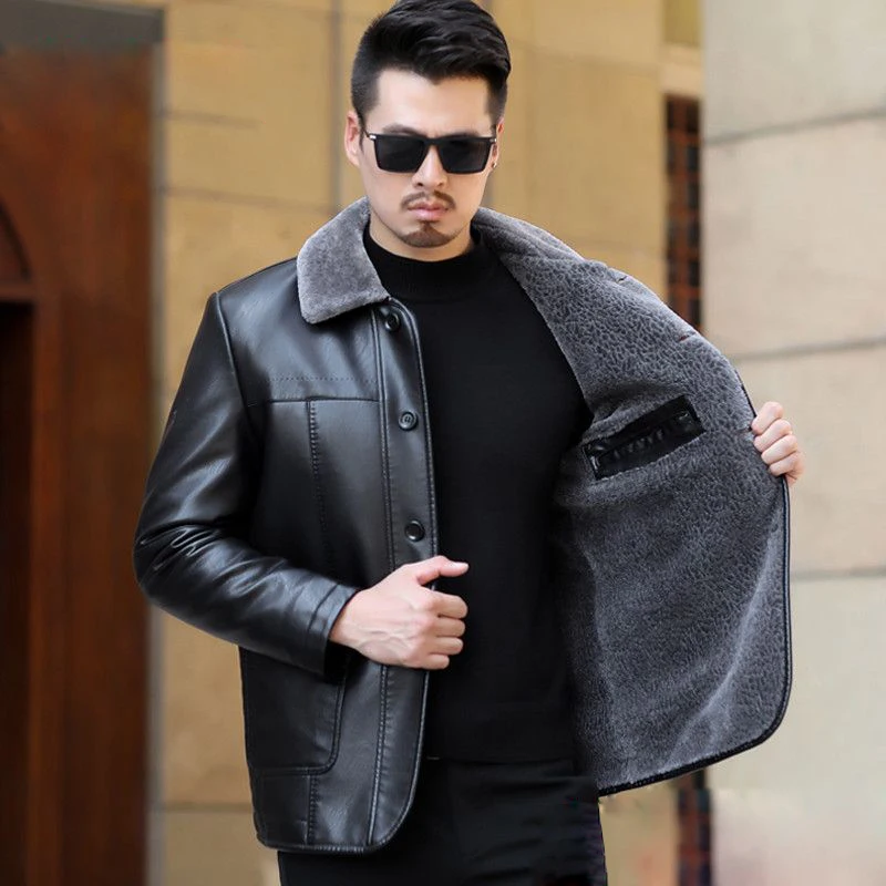 Winter Leather Jacket For Men Fur One-Piece Lapel Sheepskin Coat Lining Plush Thicken Natural Genuine Leather Jacket Outerw Man