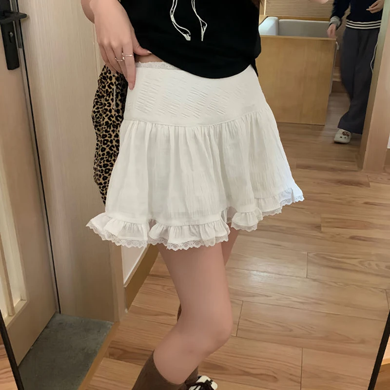 Biyaby Summer White Lace Mini Skirt Women Korean Chic High Waist Y2k Short Skirts Woman Ballet Style Ruffles Cake Skirts Female