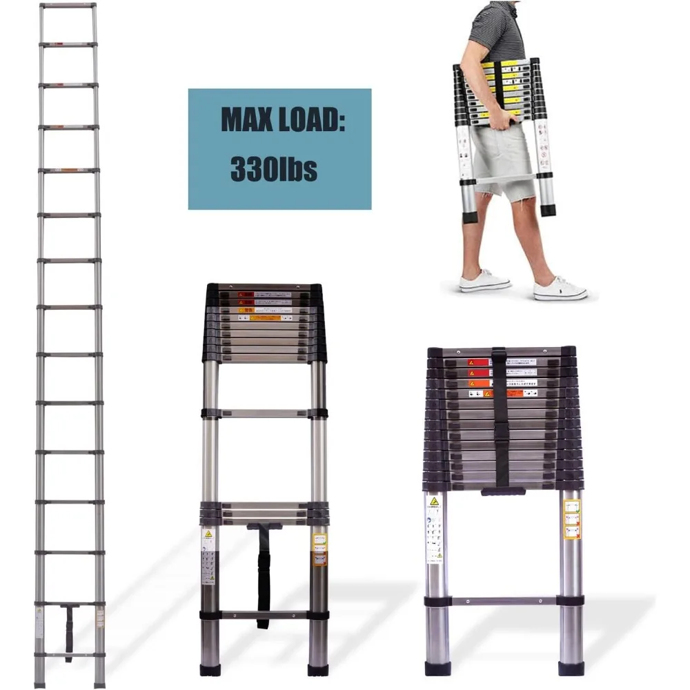 سلم تمديد تصغير من الفولاذ المقاوم للصدأ 12.5 قدم، يطي حتى 2.8 قدم، يدعم 330 جنيهًا، سلم محمول عالي التحمل لـ O #4