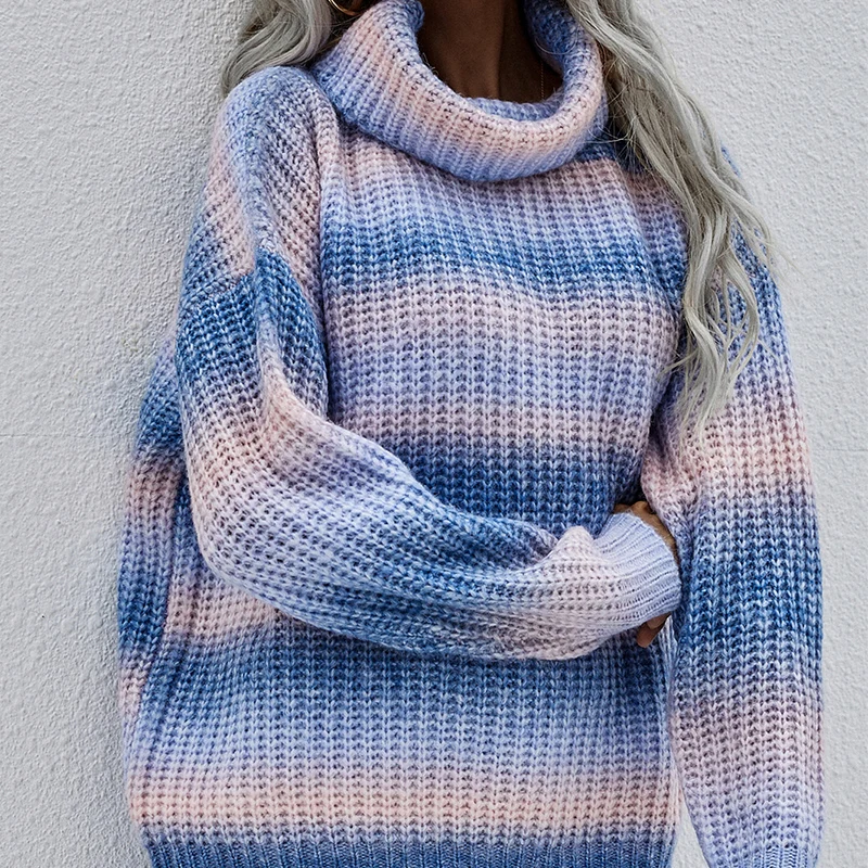 

Sweater Turtleneck Rainbow Striped Europe and America Loose Sweaters Knitted Pullover Long Sleeve Sweater Sweet Fall Winter Tops